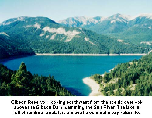 Gibson Reservoir looking southwest from the scenic overlook above the Gibson Dam, damning the Sun River. The lake is full of rainbow trout. It is a place I would definitely return to.