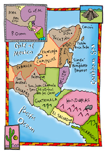 Cartoon map of southern Mexico